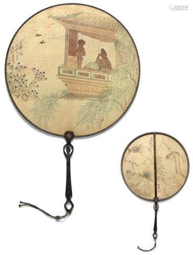 任伯年（1840～1896） 花鸟人物团扇 团扇 设色金绢