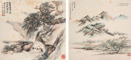 袁培基（1870～1943） 山水双挖 立轴 设色纸本