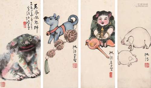 孙雪泥（1889～1965） 玩偶 （四帧） 镜心 设色纸本