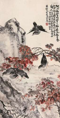 谢公展（1885～1940） 枫叶小鸟 立轴 设色纸本