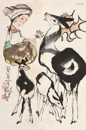 程十发（1921～2007） 少女与鹿 立轴 设色纸本