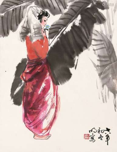 王明明（b.1952） 芭蕉人物 镜心 设色纸本