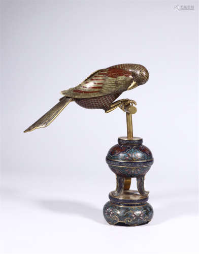 CHINESE CLOISONNE BIRD ON PORCH TABLE ITEM