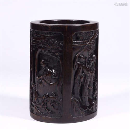 CHINESE AGALWOOD FIGURES AND STORY BRUSH POT