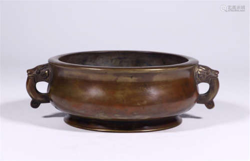 CHINESE BRONZE DRAGON HANDLE ROUND CENSER