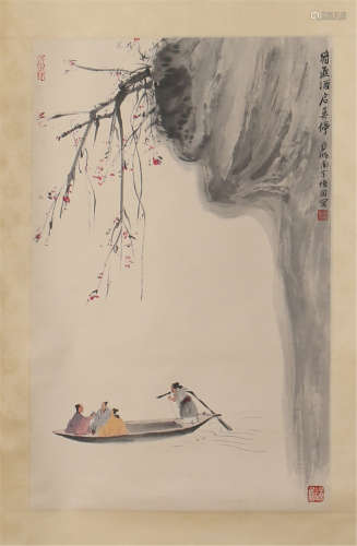 CHINESE SCROLL PAINTING OF BOAT MAN UNDER CLIFF