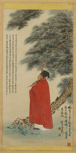 CHINESE SCROLL PAINTING OF MAN UNDER PIN WITH CALLIGRAPHY