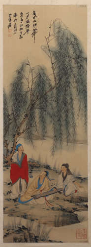 CHINESE SCROLL PAINTING OF MEN UNDER WILLOW