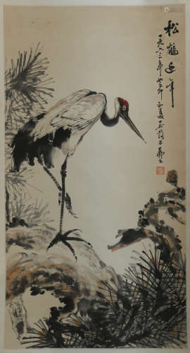 CHINESE SCROLL PAINTING OF CRANE ON PINE
