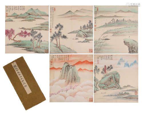 FIVE PAGES OF CHINESE ALBUM PAINTING OF MOUNTAIN VIEWS
