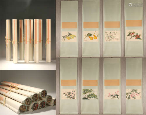 EIGHT PANELS OF CHINESE SCROLL PAINTING OF FLOWER AND FRUIT