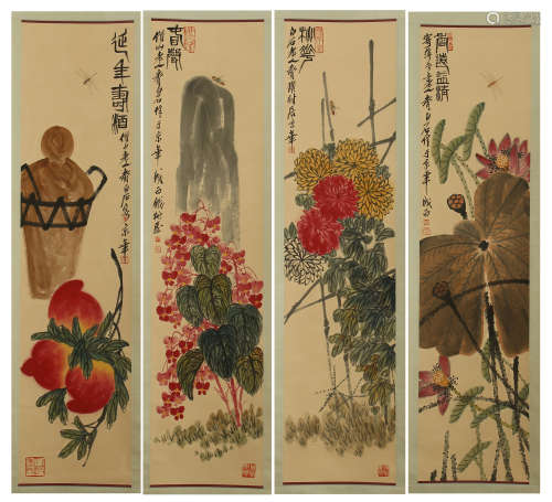 FOUR PANELS OF CHINESE SCROLL PAINTING OF FLOWER AND ROCK