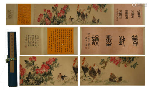 CHINESE HAND SCROLL PAINTING OF ROOSTER AND FLOWER WITH CALLIGRAPHY