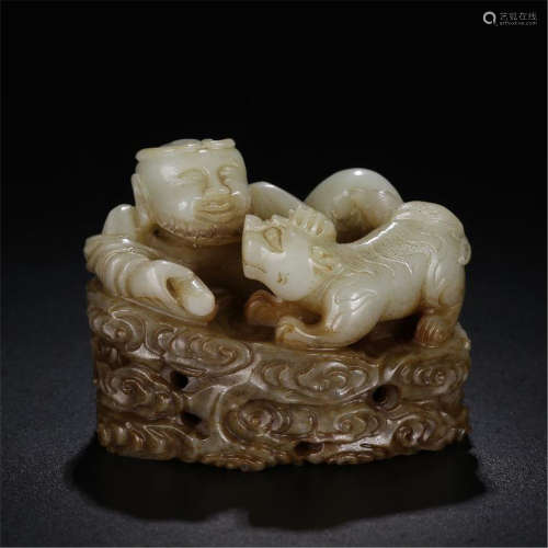 CHINESE WHITE JADE BOY WITH BEAST TABLE ITEM