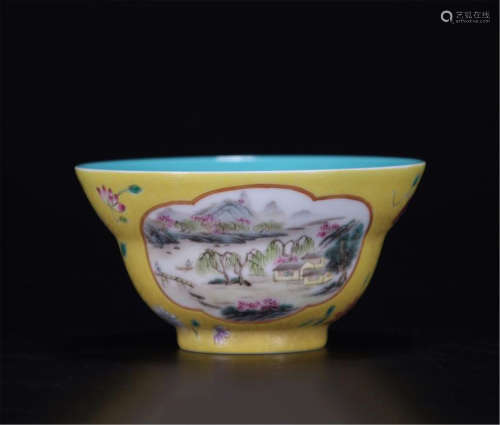 CHINESE PORCELAIN YELLOW GROUND FAMILLE ROSE MOUNTAIN VIEWS BOWL