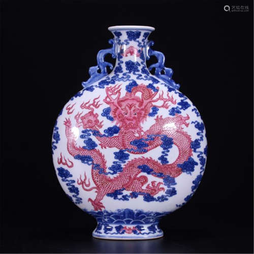 CHINESE PORCELAIN BLUE AND WHITE IRON RED DRAGON MOONFLASK