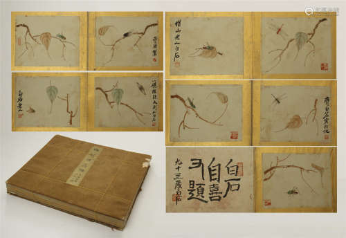 TEN PAGES OF CHINESE ALBUM PAINTING OF INSECT AND LEAF