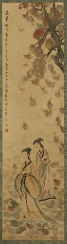 CHINESE SCROLL PAINTING OF BEAUTY UNDER TREE