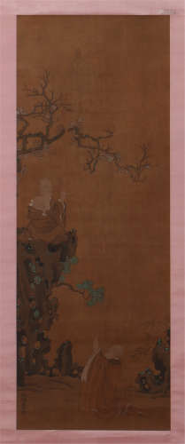 CHINESE SCROLL PAINTING OF LOHAN UNDER PLUM