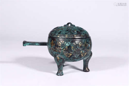 CHINESE SILVER GOLD INLAID BRONZE TRIPLE FEET LONG HANDLE LIDDED CENSER