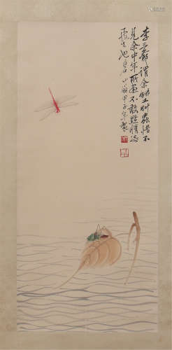 CHINESE SCROLL PAINTING OF DRAGONFLY AND LEAF WITH CALLIGRAPHY