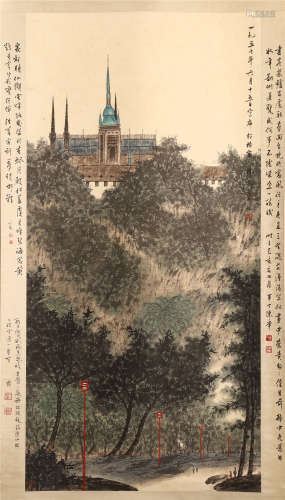 CHINESE SCROLL PAINTING OF CHURCH IN WOOD WITH CALLIGRAPHY