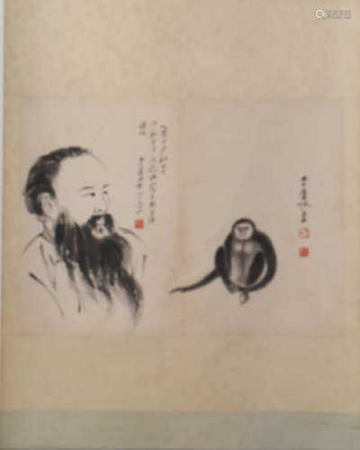 CHINESE SCROLL PAINTING OF MEN PORTRAIT AND MONKEY