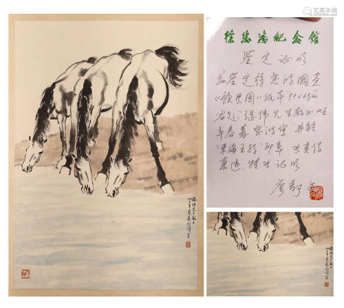 CHINESE SCROLL PAINTING OF HORSE BY RIVER WITH SPECIALIST'S CERTIFICATE
