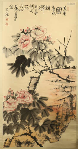 CHINESE SCROLL PAINTING OF FLOWER AND ROCK WITH CALLIGRAPHY