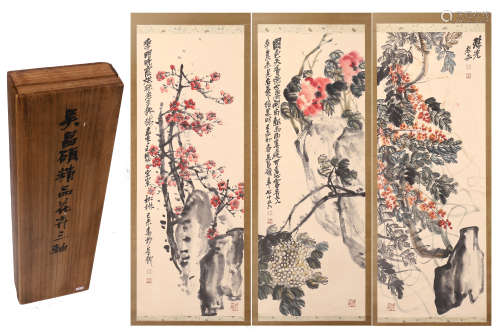 THREE PANELS OF CHINESE SCROLL PAINTING OF FLOWER