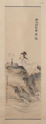CHINESE SCROLL PAINTING OF GUANYIN ON ROCK