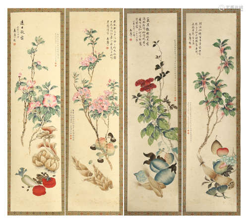 FOUR PANELS OF CHINESE SCROLL PAINTING OF FLOWER AND FRUIT