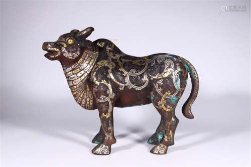 CHINESE SILVER GOLD INLAID BRONZE OX TABLE ITEM