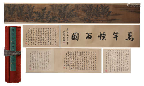 CHINESE HAND SCROLL PAINTING OF RIVER VIEWS WITH CALLIGRAPHY