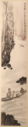 CHINESE SCROLL PAINTING OF BOAT MAN UNDER CLIFF