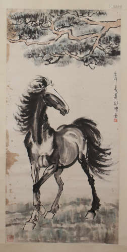 CHINESE SCROLL PAINTING OF HORSE UNDER PINE