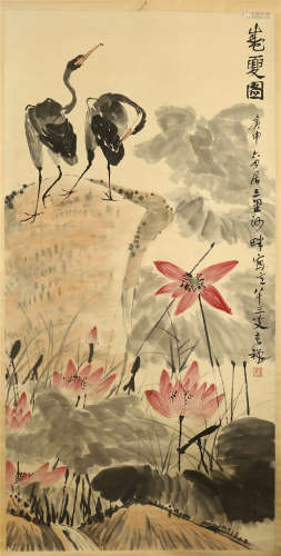 CHINESE SCROLL PAINTING OF BIRD AND LOTUS
