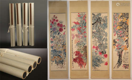 FOUR PANELS OF CHINESE SCROLL PAINTING OF FLOWER