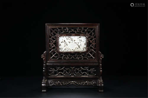 CHINESE WHITE JADE PLAQUE INLAID HARDWOOD ZITAN TABLE SCREEN