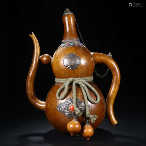 CHINESE MOLDED GOURD GEM STONE INLAID TEA POT