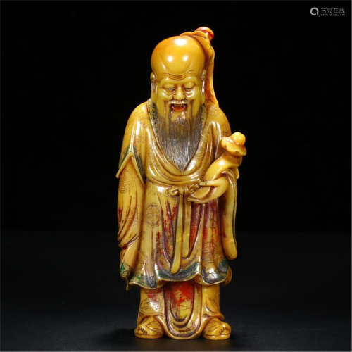 CHINESE SOAPSTONE STANDING OLD MAN WITH LINGCHI