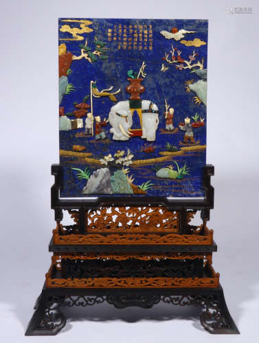 CHINESE GEM STONE INLAID LAPIS PLAQUE ROSEWOOD TABLE SCREEN