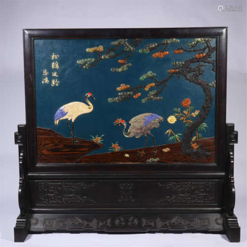 CHINESE GEM STONE INLAID LACQUER HARDWOOD ZITAN TABLE SCREEN