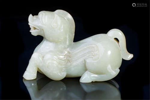 CHINESE CELADON JADE COUCHING HORSE TABLE ITEM