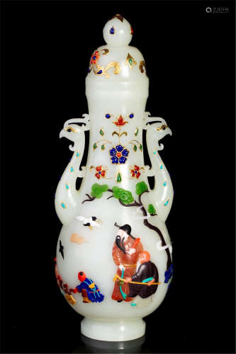 CHINESE GEM STONE INLAID WHITE JADE PHOENIX HANDLE LIDDED VASE