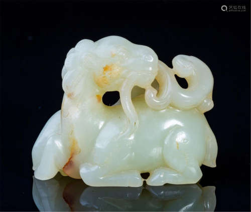 CHINESE CELADON JADE RAM WITH LINGCHI TABLE ITEM