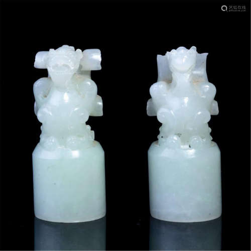 PAIR OF CHINESE WHITE JADE BEAST SEALS