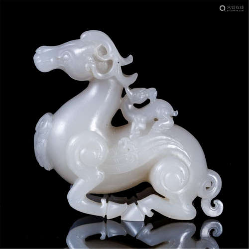 CHINESE WHITE JADE COUCHING HORSE TABLE ITEM