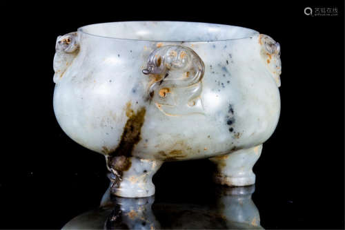 CHINESE NEPHRITE JADE TRIPLE FEET ROUND CENSER