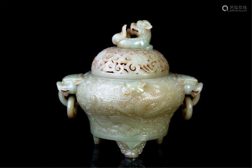 CHINESE CELADON JADE DRAGON LOOP HANDLE LIDDED CENSER